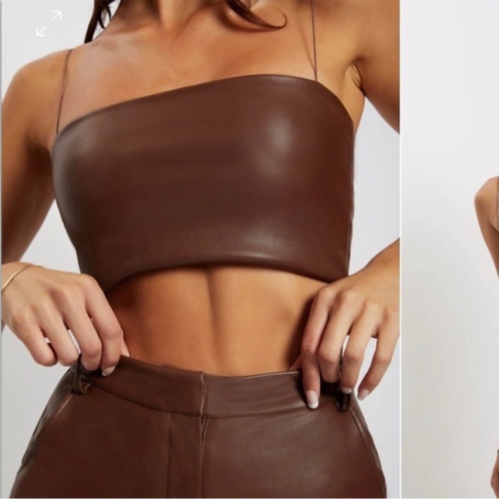 MESHKI brown faux leather cropped tank top